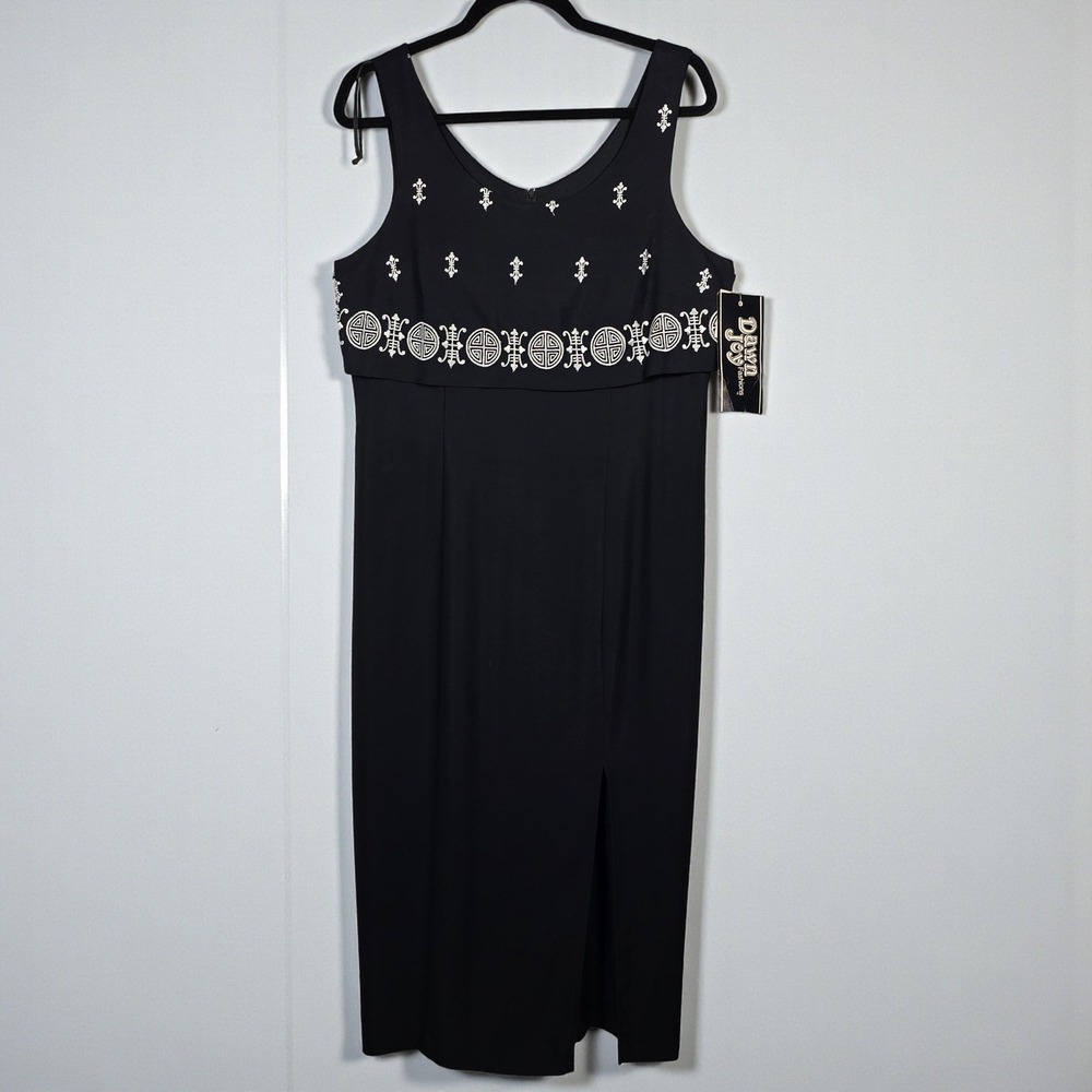 VTG Dawn Joy Fashions Black Embroidered Sheath Dress Woman Size 12 New Old Stock